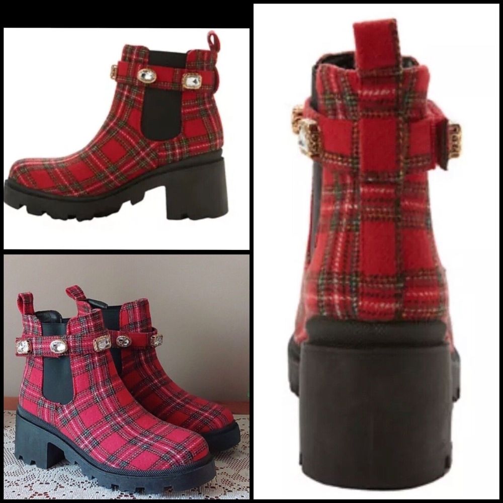 SUGAR-Favorite Red Black Plaid Rhinestone Chunky Heel Chelsea Ankle Boot